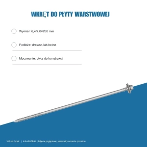 Wkręt do płyty warstwowej Info-GLOBAL ARW 0 CSG 6,4/7,0×260 mm, bez lakieru, 100 szt. Wkręt do płyty warstwowej Info-GLOBAL ARW 0 CSG 6,4/7,0×260 mm, bez lakieru, 100 szt.